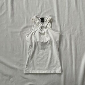 Y2K Moda International XS Halter White Vintage Keyhole O-Ring Tank Cotton 90s